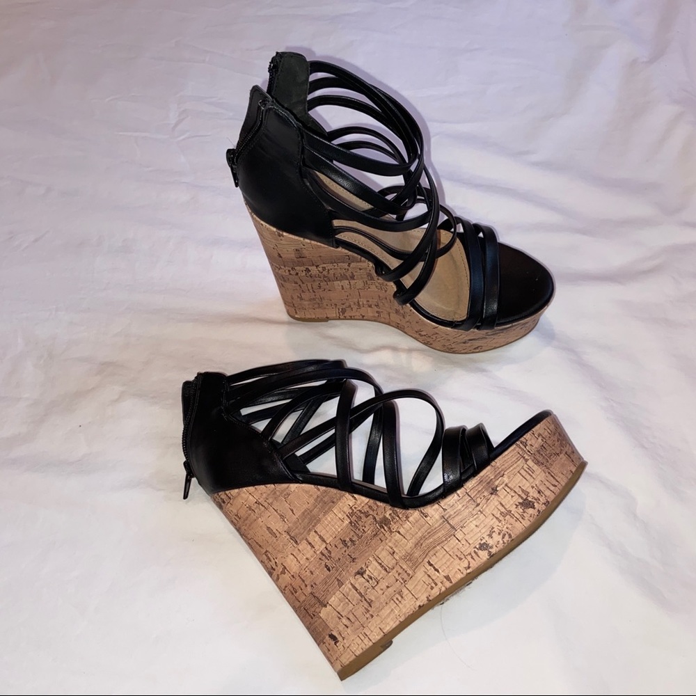 Black strappy cork wedges